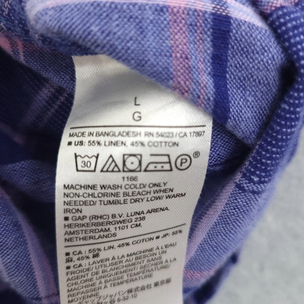 Banana Republic Shirt Mens L Blue Plaid Long Sleeve Linen Blend Slim Fit Casual